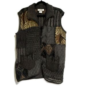Sandy Starkman Womens L‎ Sweater Vest Patchwork Embroidered Boho Vintage
